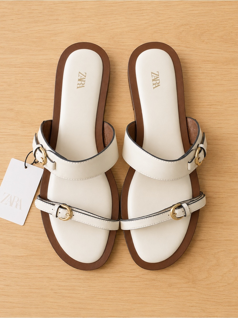 Zara Cream Double-Buckle Slide Sandals with Brown Sole